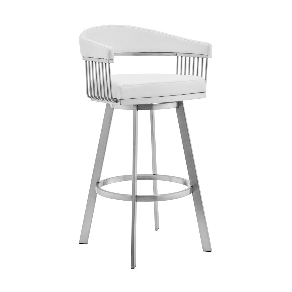 Bronson 29" White Faux Leather and Brushed Stainless Steel Swivel Bar Stool