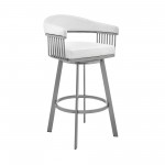 Bronson 29" Bar Height Swivel Bar Stool in Silver finish and White Faux Leather