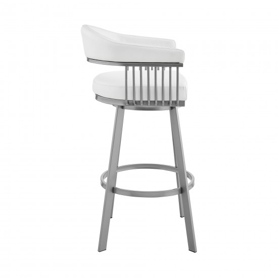 Bronson 29" Bar Height Swivel Bar Stool in Silver finish and White Faux Leather