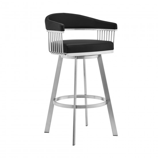 Bronson 29" Black Faux Leather and Brushed Stainless Steel Swivel Bar Stool