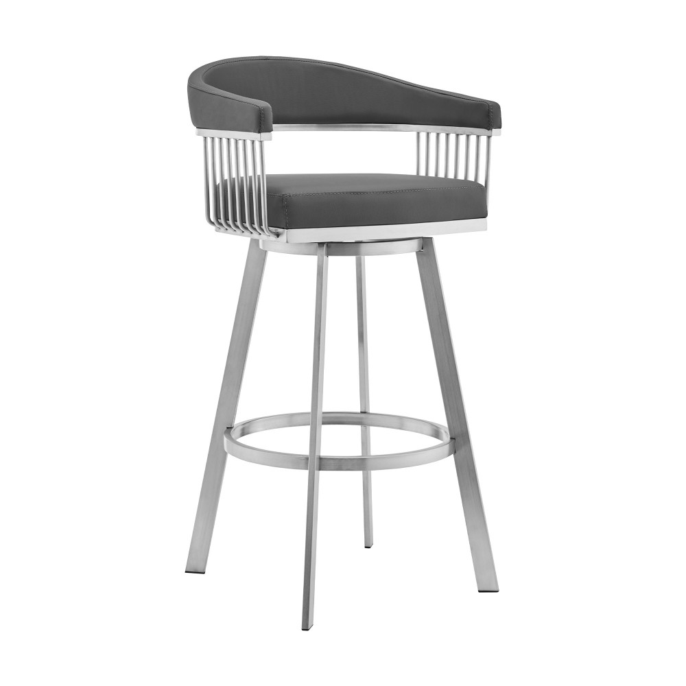 Bronson 29" Gray Faux Leather and Brushed Stainless Steel Swivel Bar Stool