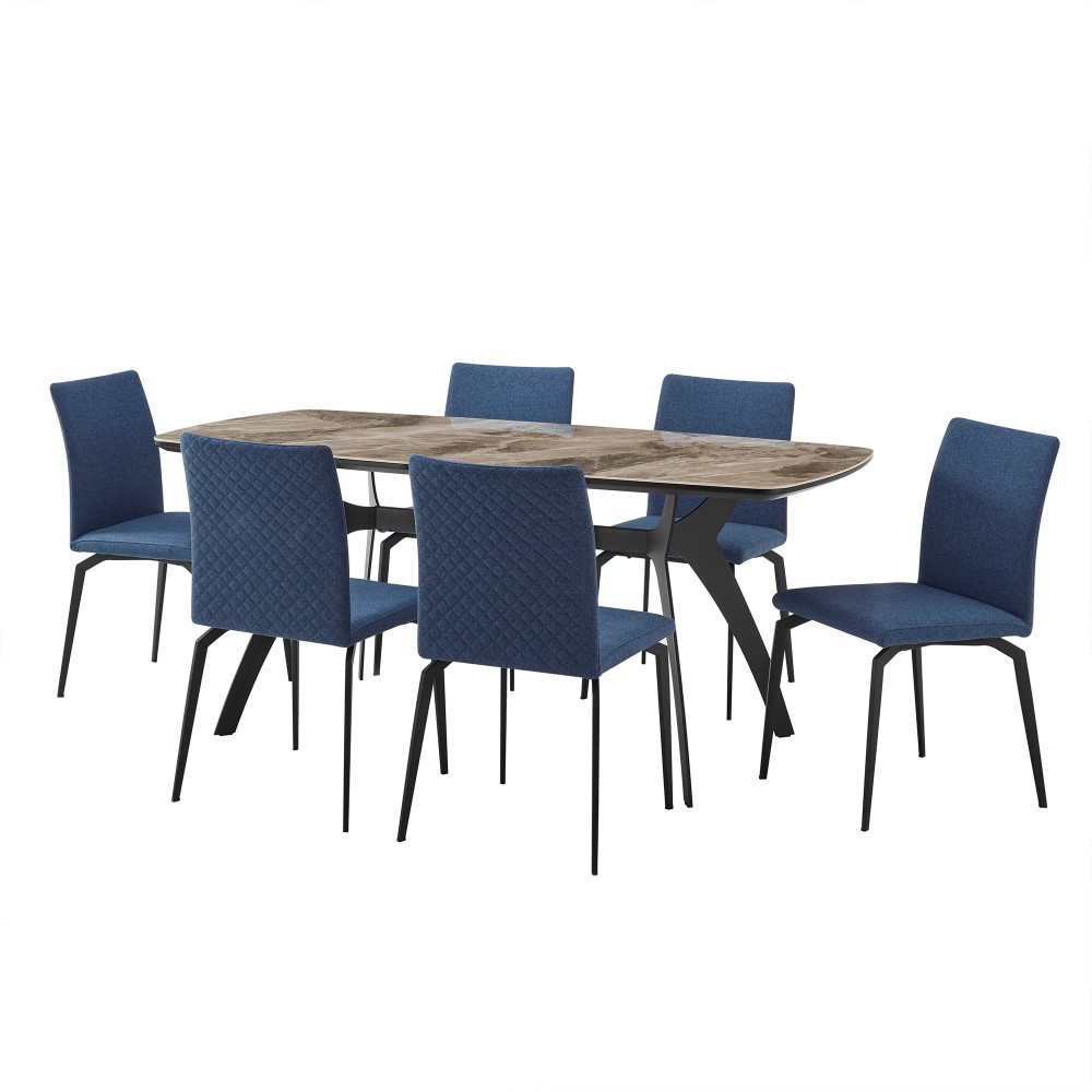 Andes and Lyon Blue Fabric 7 Piece Rectangular Dining Set