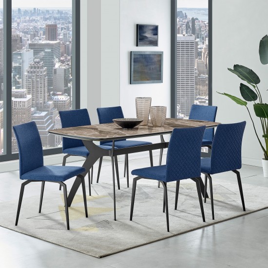 Andes and Lyon Blue Fabric 7 Piece Rectangular Dining Set