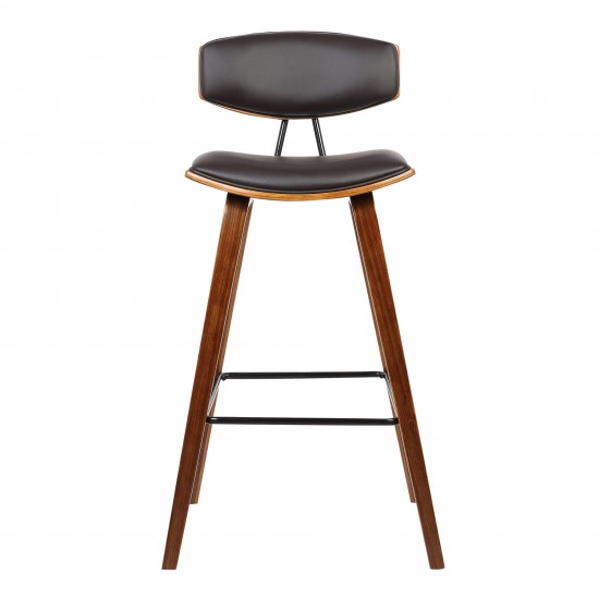 Fox 28.5" Bar Height Brown Faux Leather and Walnut Wood Bar Stool