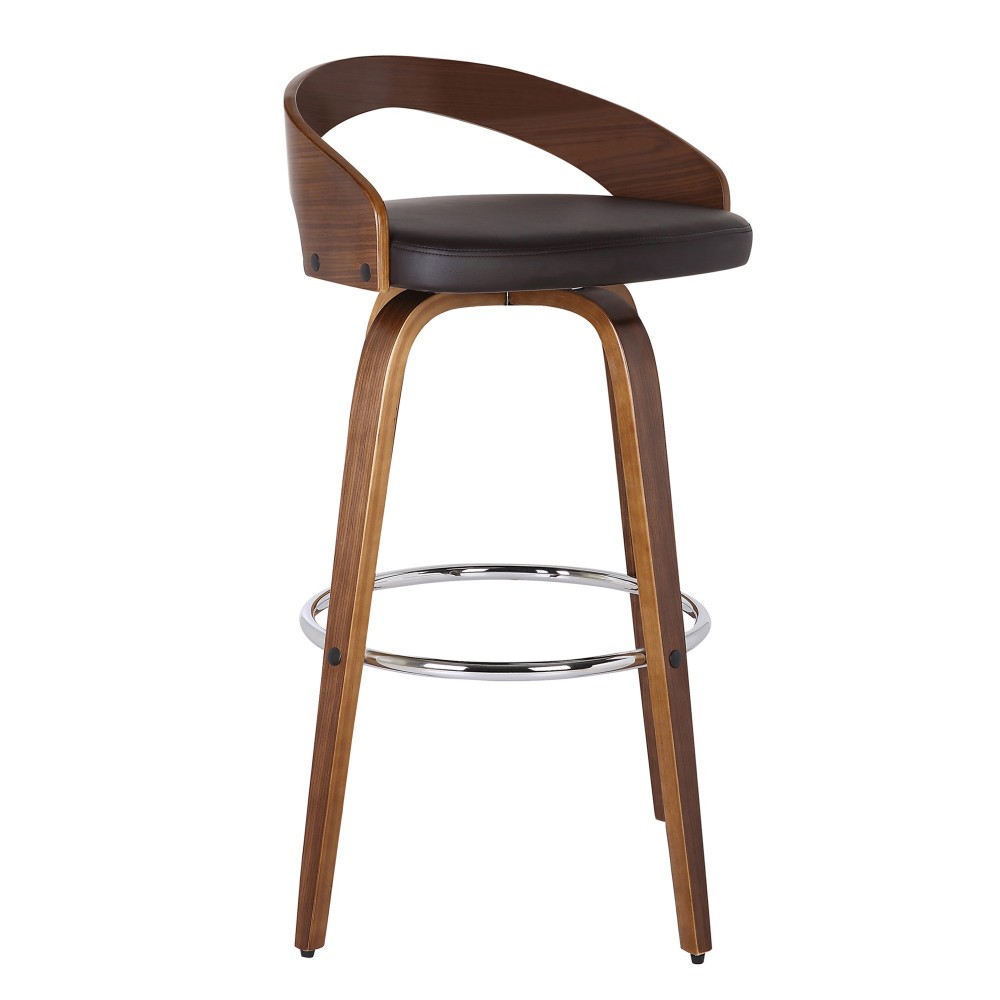 Sonia 30" Bar Height Swivel Brown Faux Leather and Walnut Wood Bar Stool