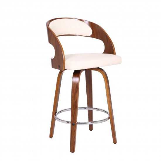 Shelly 26" Counter Height Swivel Cream Faux Leather and Walnut Wood Bar Stool