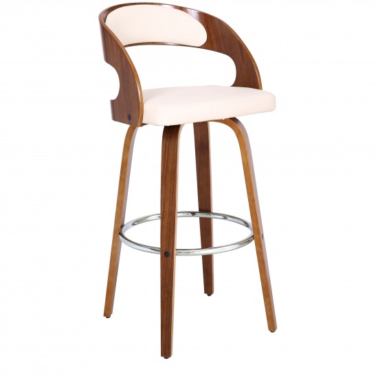 Shelly 30" Bar Height Swivel Cream Faux Leather and Walnut Wood Bar Stool