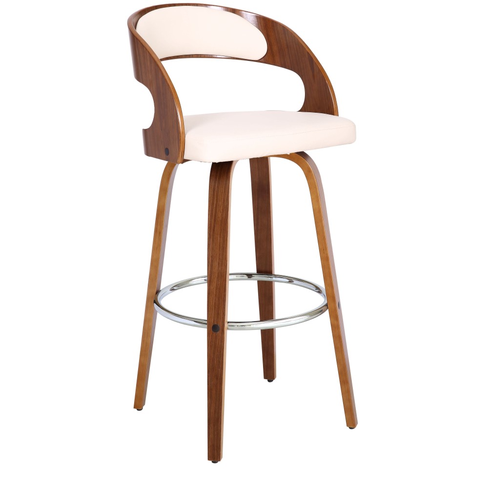 Shelly 30" Bar Height Swivel Cream Faux Leather and Walnut Wood Bar Stool