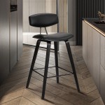 Fox 28.5" Bar Height Black Faux Leather and Black Wood Bar Stool