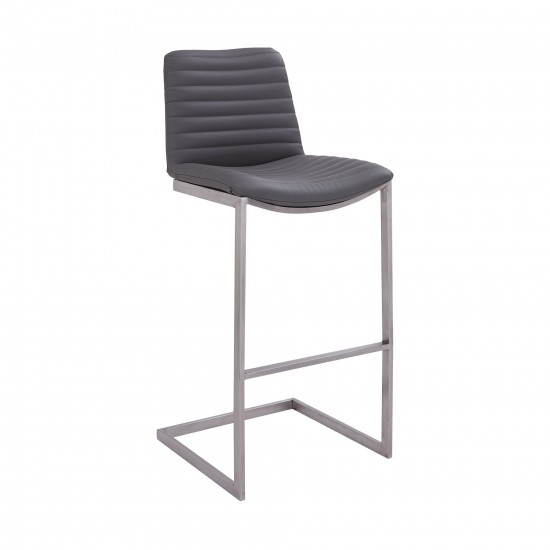 30" Bar Height Barstool in Brushed Stainless Steel Finish and Gray Faux Leather