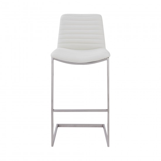 26" Counter Height Barstool in Brushed Stainless Steel and White Faux Leather