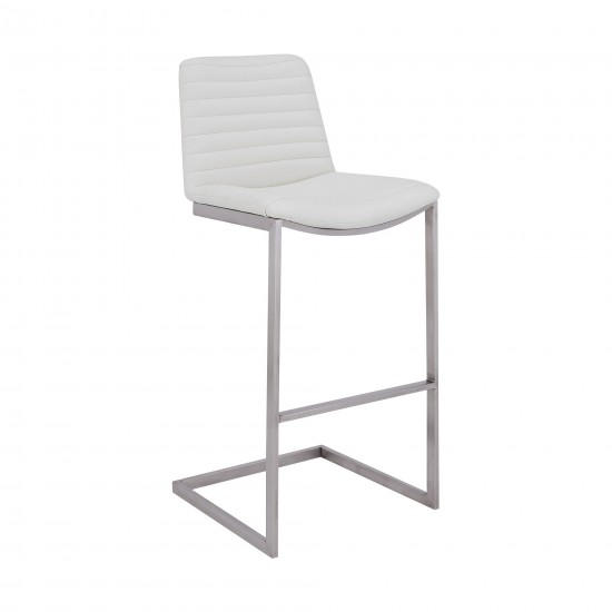 30" Bar Height Barstool in Brushed Stainless Steel Finish and White Faux Leather