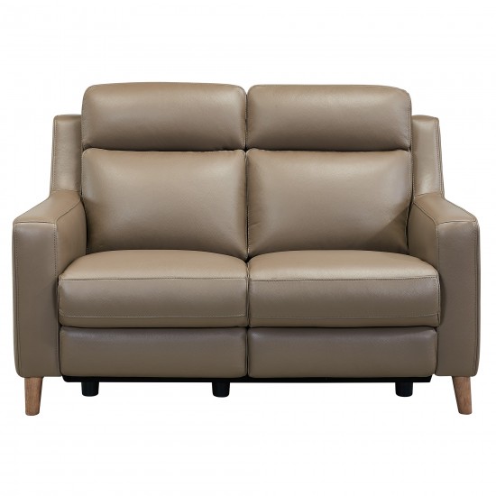 Wisteria Loveseat in Light Brown Wood Finish and Taupe Genuine Leather