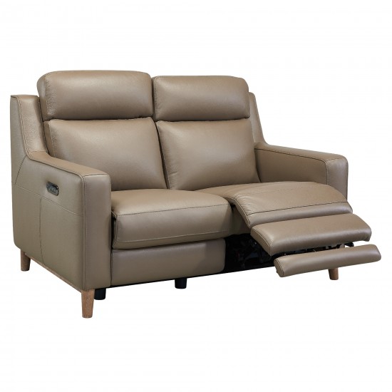 Wisteria Loveseat in Light Brown Wood Finish and Taupe Genuine Leather