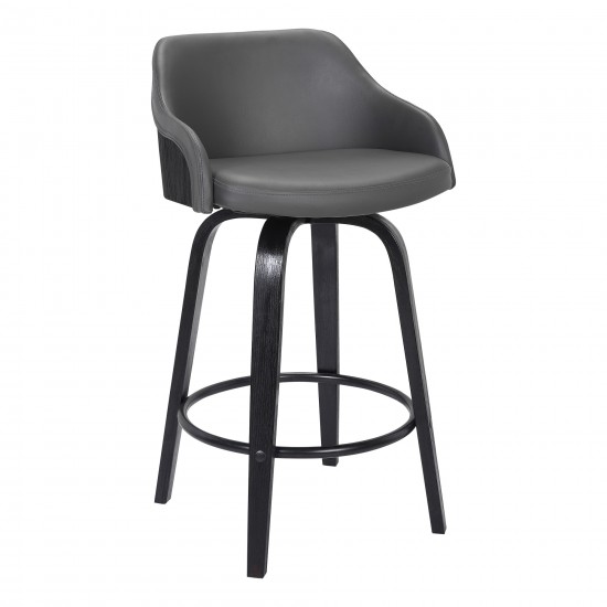 Alec 30" Bar Height Swivel Grey Faux Leather and Black Wood Bar Stool