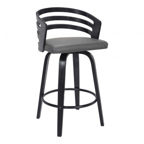 Jayden 30" Bar Height Swivel Grey Faux Leather and Black Wood Bar Stool