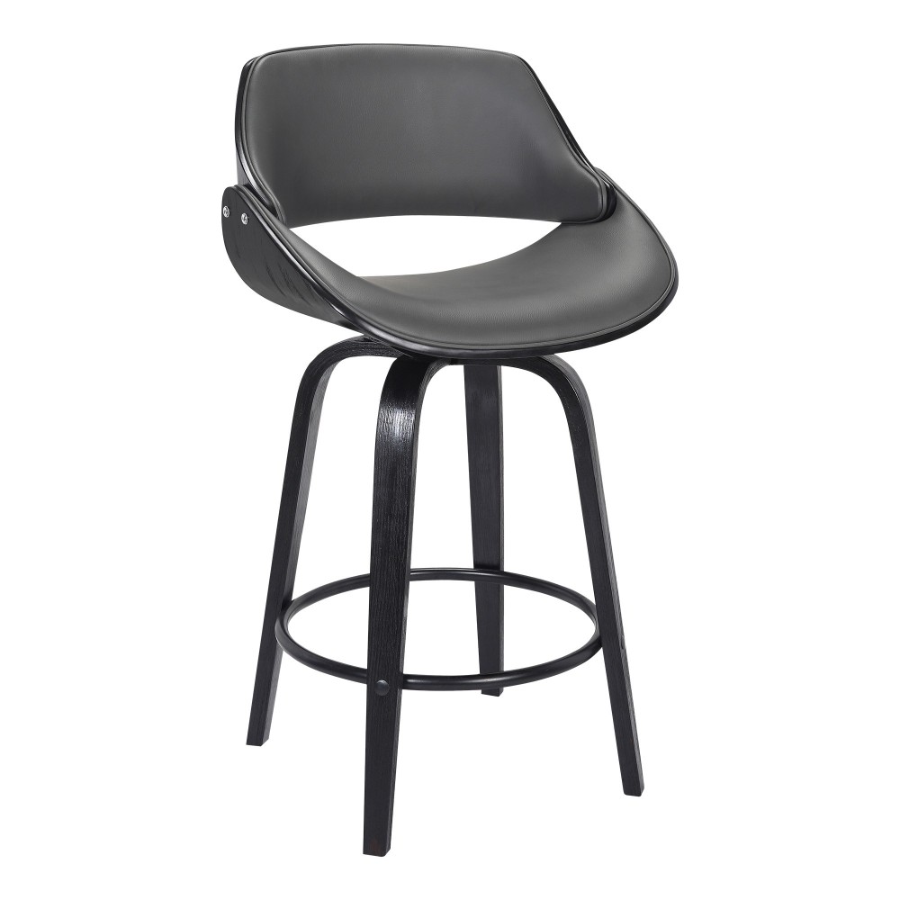 Mona 26" Counter Height Swivel Grey Faux Leather and Black Wood Bar Stool