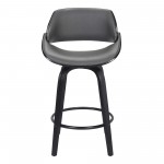 Mona 26" Counter Height Swivel Grey Faux Leather and Black Wood Bar Stool