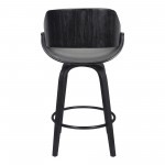 Mona 26" Counter Height Swivel Grey Faux Leather and Black Wood Bar Stool