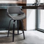 Mona 26" Counter Height Swivel Grey Faux Leather and Black Wood Bar Stool