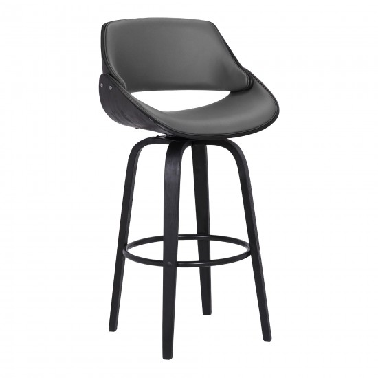 Mona 30" Bar Height Swivel Grey Faux Leather and Black Wood Bar Stool