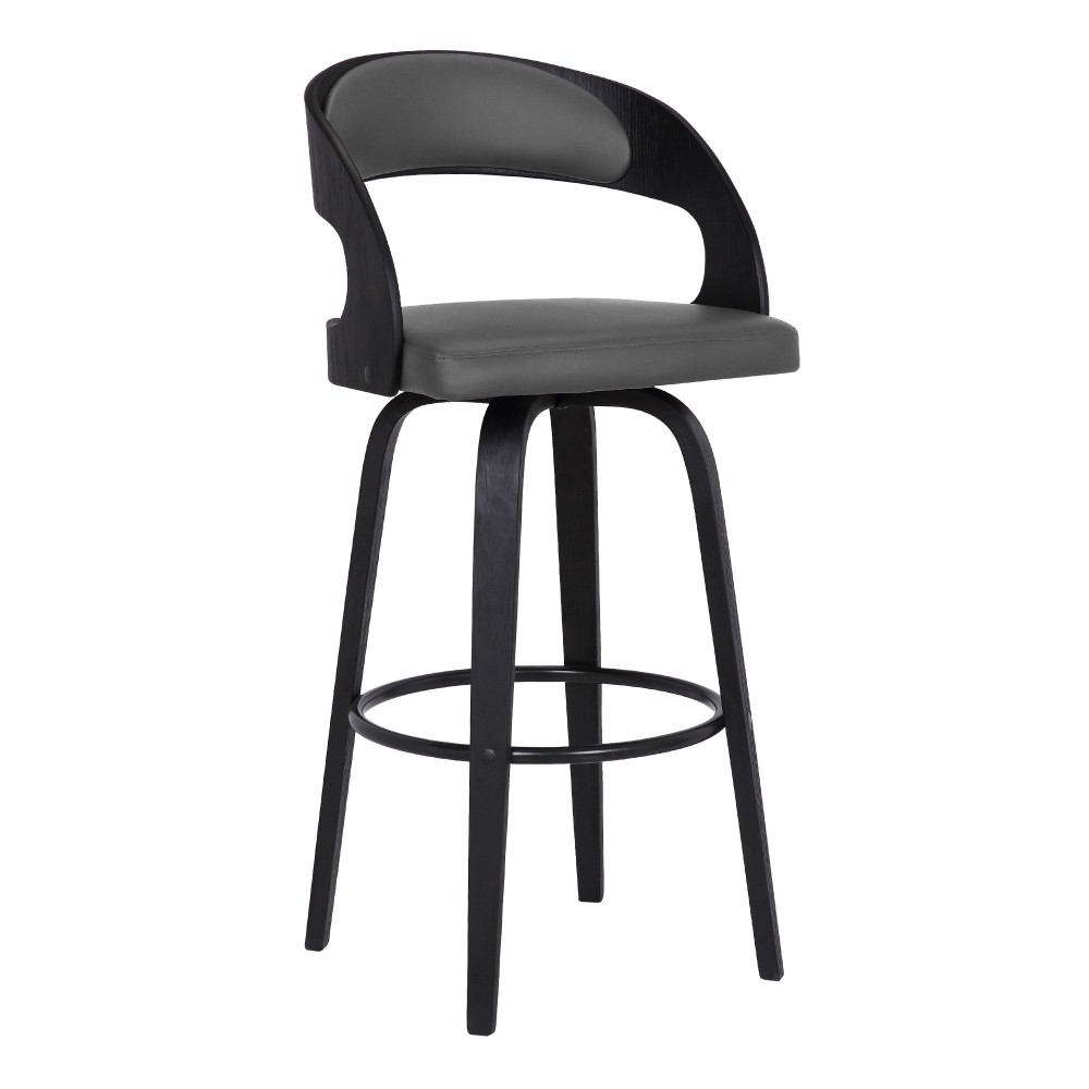 Shelly 30" Bar Height Swivel Grey Faux Leather and Black Wood Bar Stool