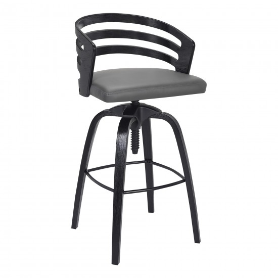 Kiara Adjustable Barstool in Black Brushed Wood Finish and Gray Faux Leather