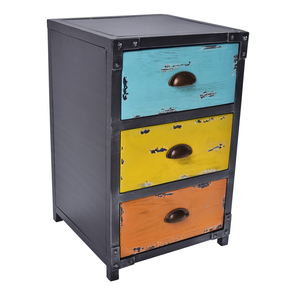 Oskar Industrial 3-Drawer End Table in Industrial Gray and Pine Wood Oskar Industrial 3-Drawer End Table in Industrial Gray and Pine Wood