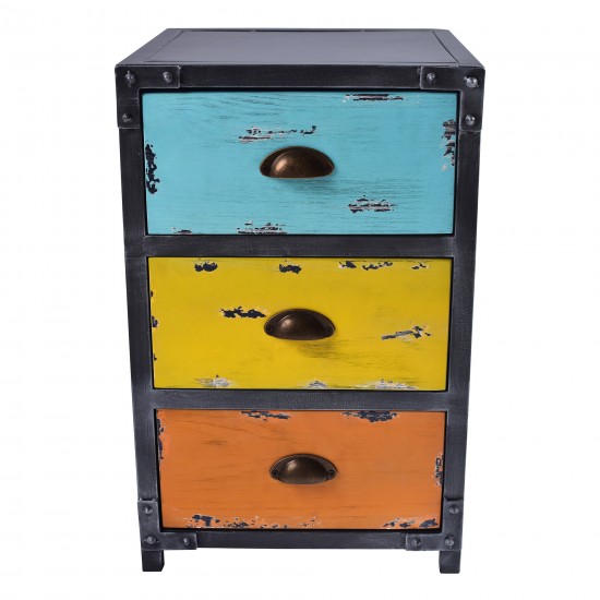 Oskar Industrial 3-Drawer End Table in Industrial Gray and Pine Wood