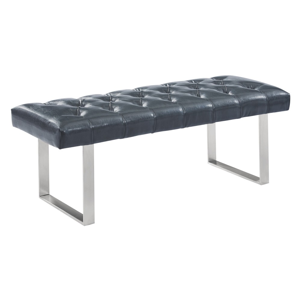 Plaza Contemporary Bench in Gray Faux Leather and Brushed Stainless Steel Finish