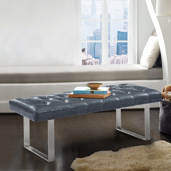 Plaza Contemporary Bench in Gray Faux Leather and Brushed Stainless Steel Finish