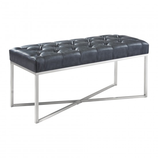 Noel Contemporary Bench in Gray Faux Leather and Brushed Stainless Steel Finish