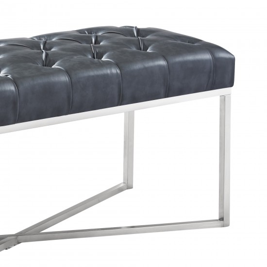 Noel Contemporary Bench in Gray Faux Leather and Brushed Stainless Steel Finish