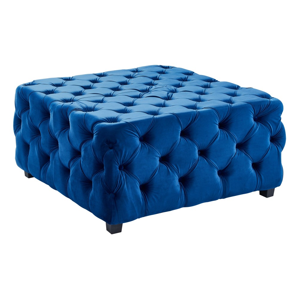 Taurus Contemporary Ottoman in Blue Velvet with Wood Legs Taurus Contemporary Ottoman in Blue Velvet with Wood Legs