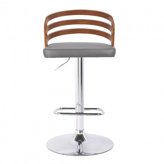 Adele Adjustable Height Swivel Grey Faux Leather and Walnut Wood Bar Stool