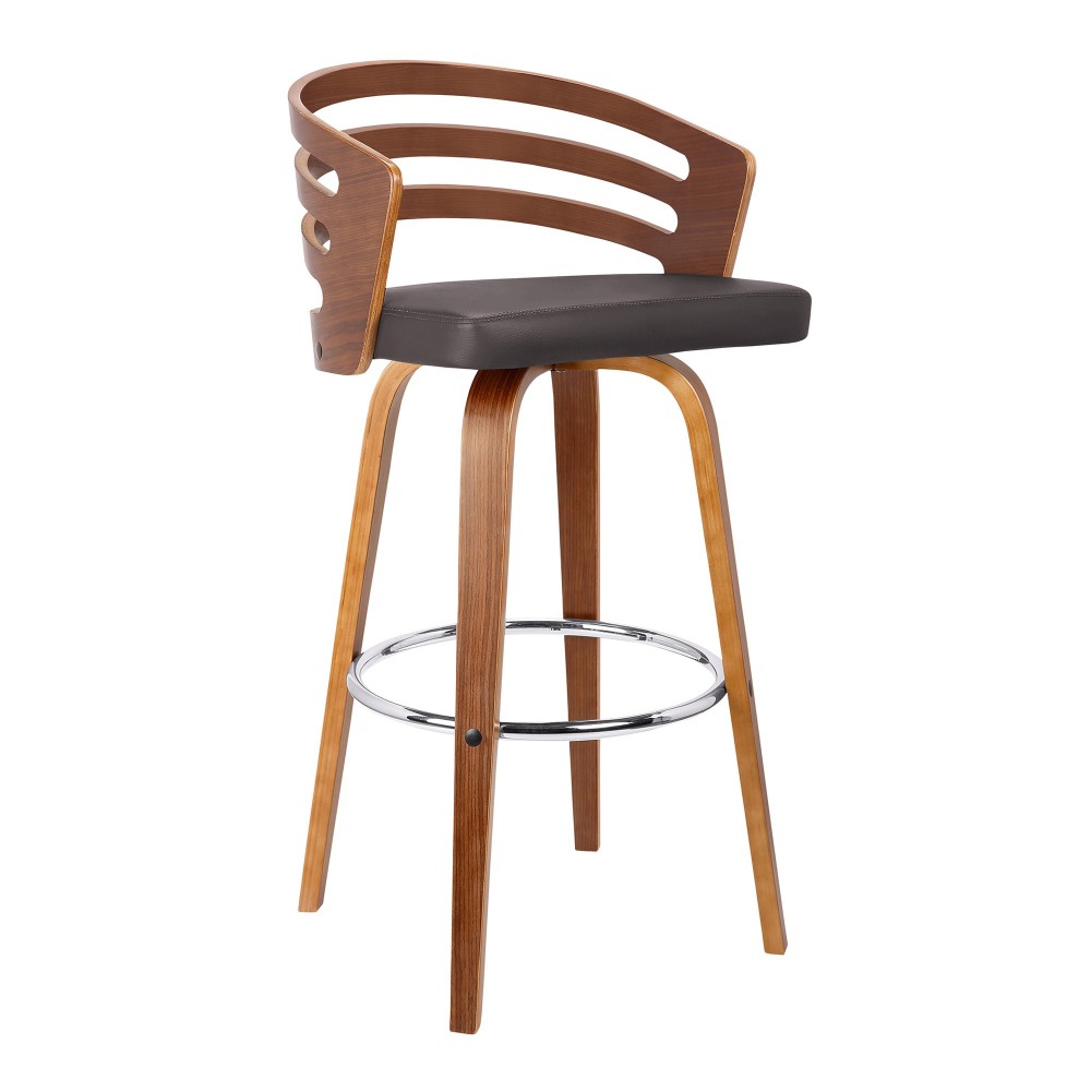 Jayden 30" Bar Height Swivel Brown Faux Leather and Walnut Wood Bar Stool