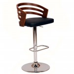 Adele Adjustable Height Swivel Black Faux Leather and Walnut Wood Bar Stool