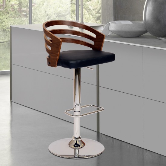 Adele Adjustable Height Swivel Black Faux Leather and Walnut Wood Bar Stool