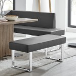 Amanda Contemporary Dining Bench in Gray Faux Leather and Chrome Finish