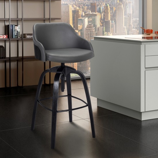 Tara Adjustable Barstool in Black Brushed Wood Finish and Gray Faux Leather