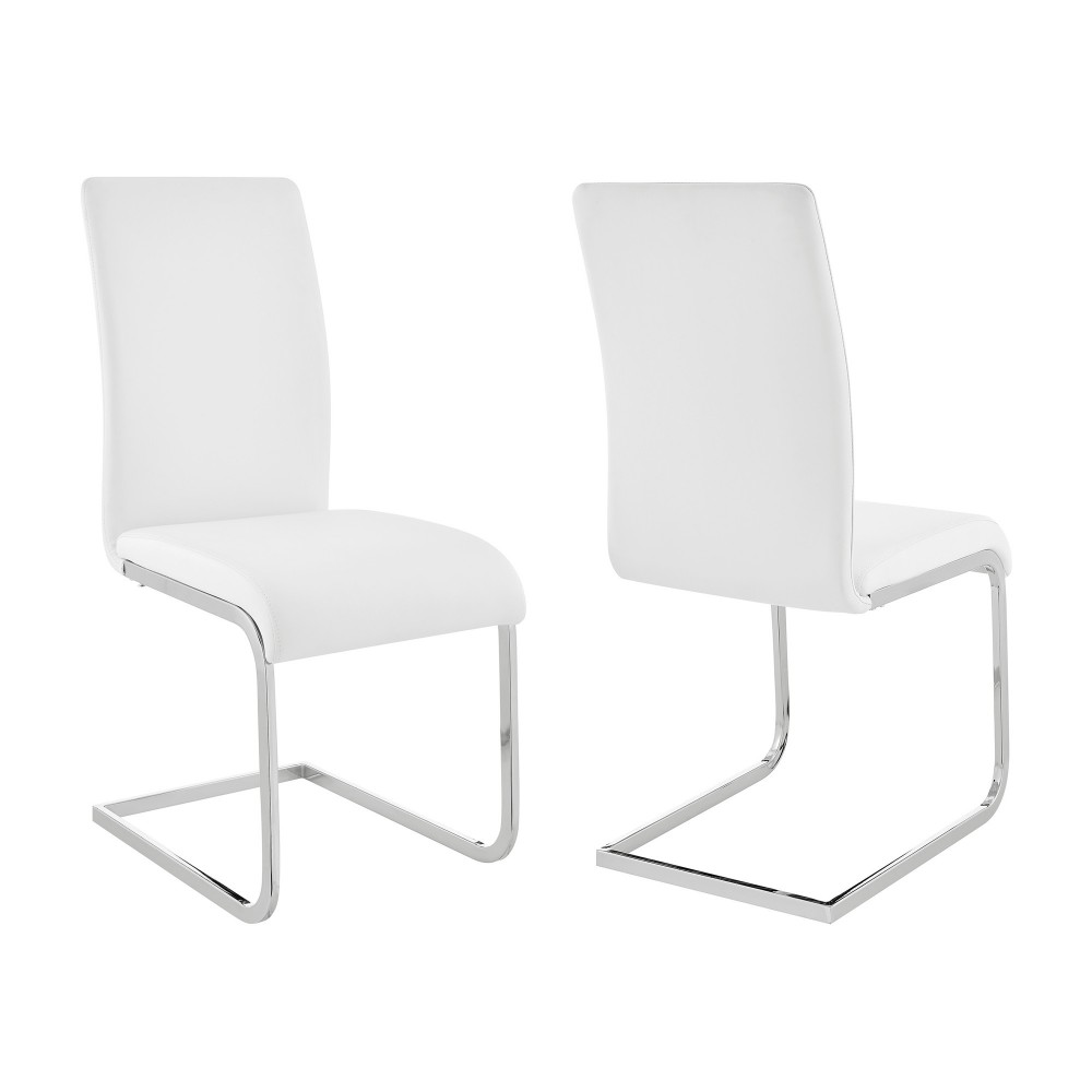 Amanda Side Chair in White Faux Leather and Chrome Finish - Set of 2