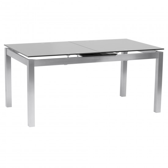 Extension Dining Table in Brushed Stainless Steel and Gray Tempered Glass Top