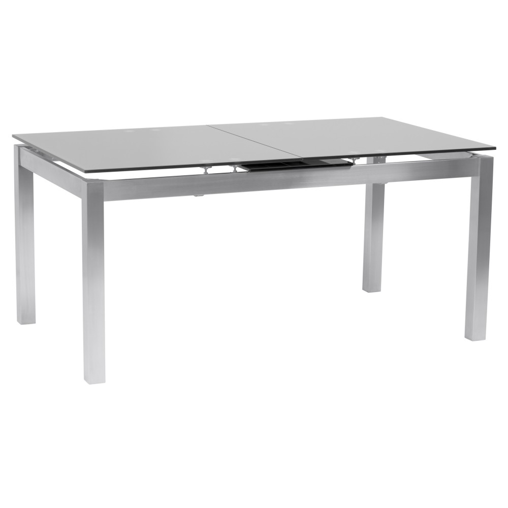 Extension Dining Table in Brushed Stainless Steel and Gray Tempered Glass Top Extension Dining Table in Brushed Stainless Steel and Gray Tempered Glass Top