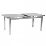 Extension Dining Table in Brushed Stainless Steel and Gray Tempered Glass Top