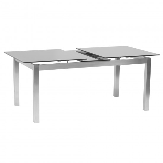 Extension Dining Table in Brushed Stainless Steel and Gray Tempered Glass Top