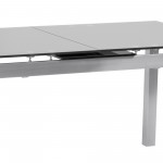 Extension Dining Table in Brushed Stainless Steel and Gray Tempered Glass Top