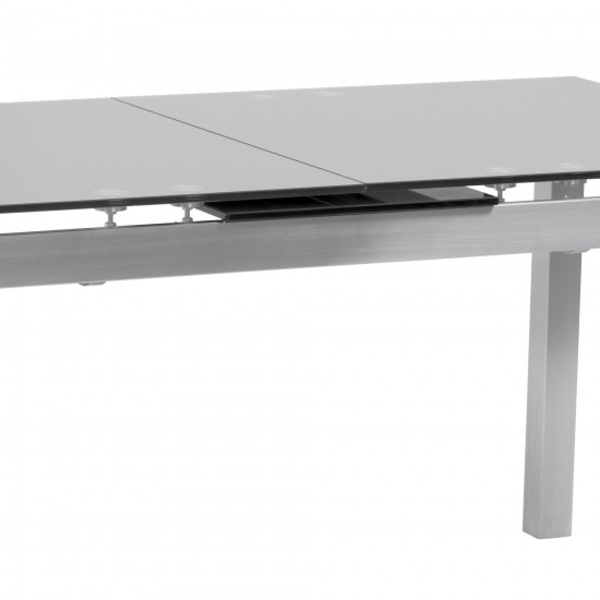 Extension Dining Table in Brushed Stainless Steel and Gray Tempered Glass Top