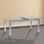 Extension Dining Table in Brushed Stainless Steel and Gray Tempered Glass Top