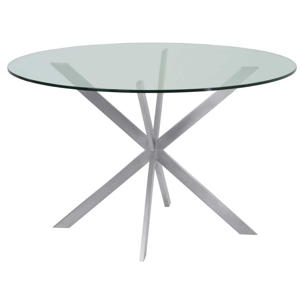 Round Dining Table in Brushed Stainless Steel with Clear Tempered Glass Top