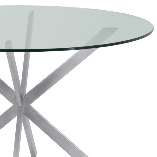 Round Dining Table in Brushed Stainless Steel with Clear Tempered Glass Top